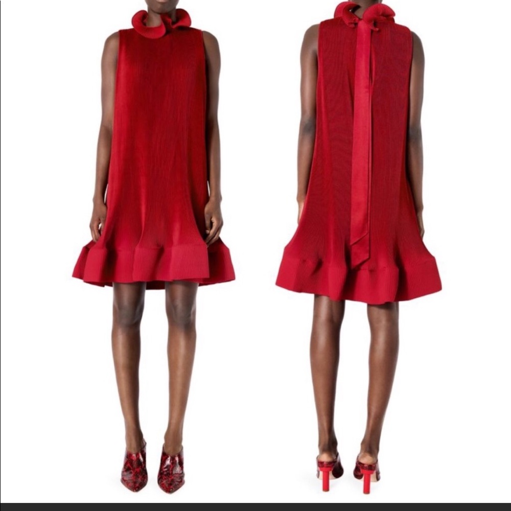 Tibi silk mock neck pleated red dress